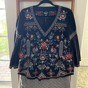 Johnny Was Blouse embroidered Blue Navy Size M